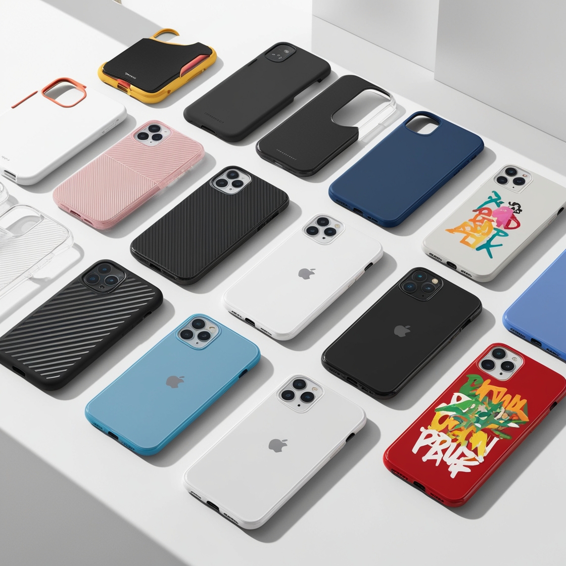 Various iPhone 16 Pro Max cases in different styles, including slim, heavy-duty, wallet, clear, leather, and MagSafe-compatible, displayed together.