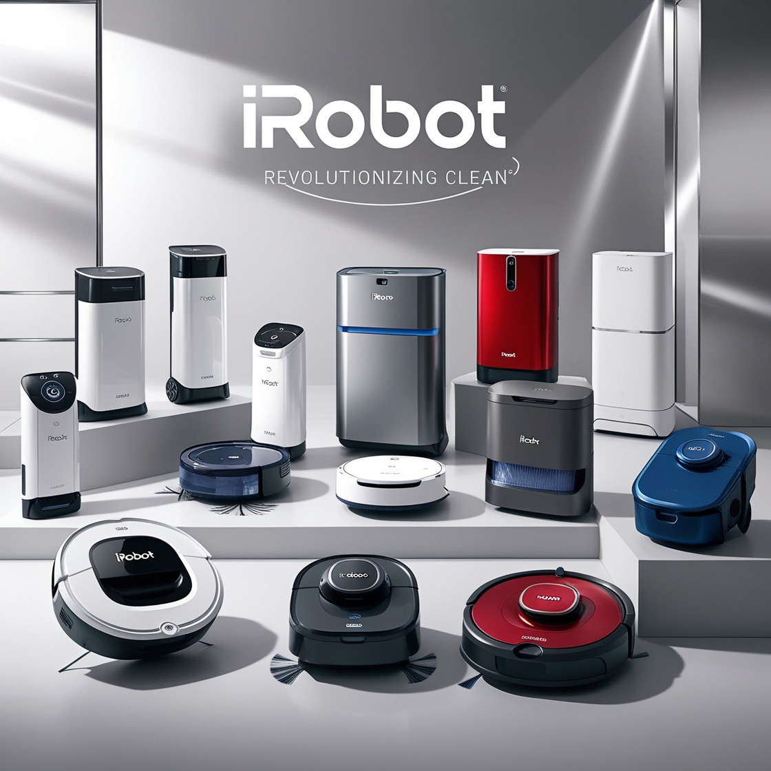 iRobot products lineup featuring Roomba vacuum and Braava mop models.