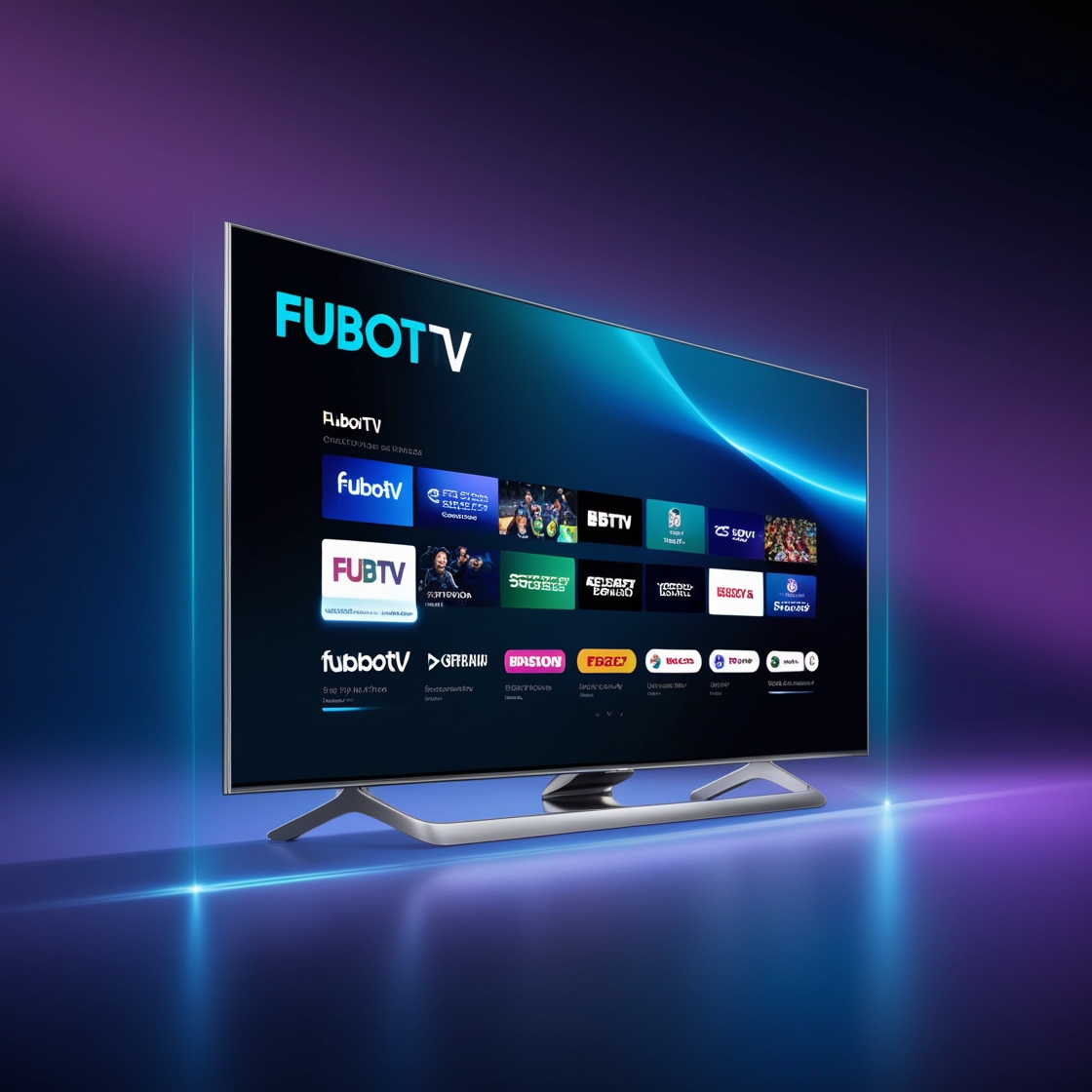 FuboTV app displayed on a Samsung TV screen, showing connection and setup for streaming live channels and on-demand content.