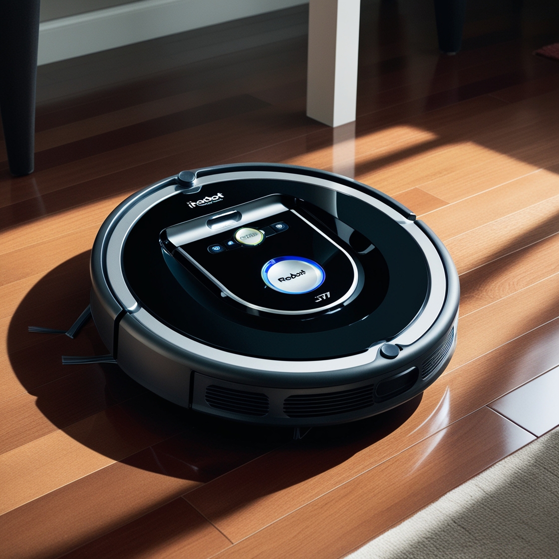 A person using a smartphone to control an iRobot Roomba j7+ robot vacuum cleaner.