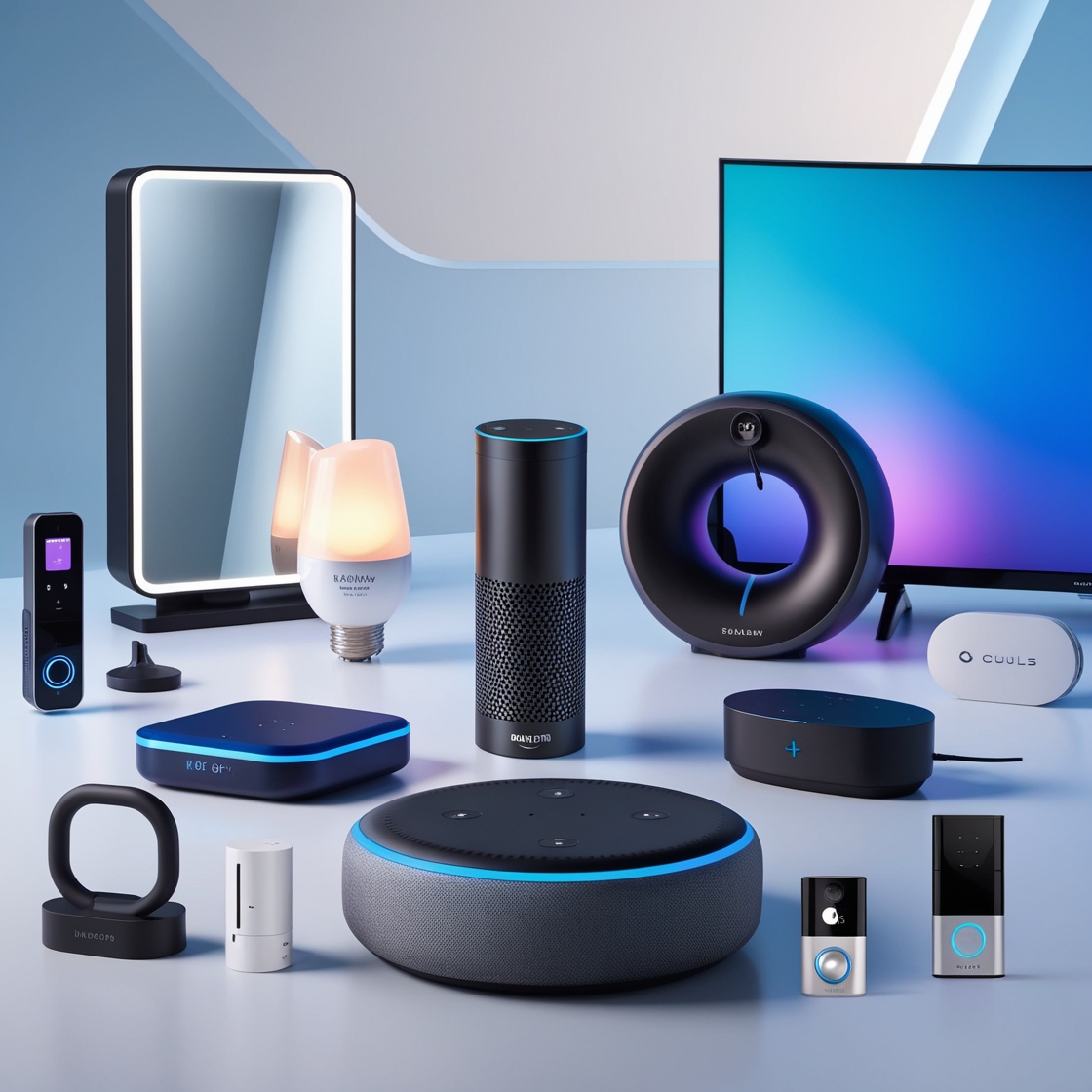 A futuristic home with a variety of gadgets, including a smart speaker, a robot vacuum cleaner, a smart thermostat, and a virtual assistant.