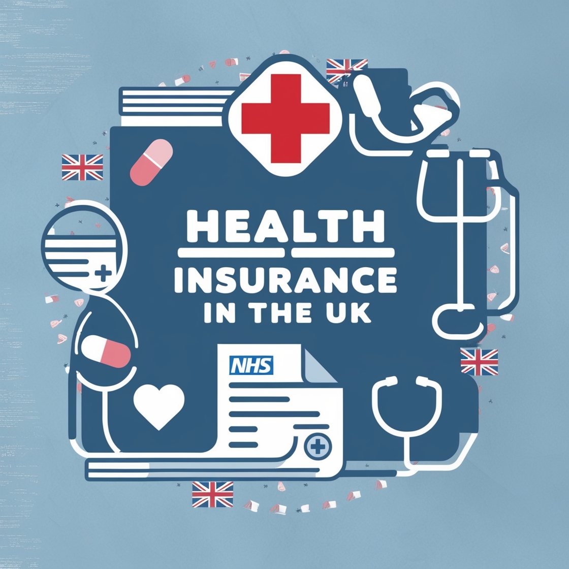 An infographic depicting the key aspects of health insurance in the UK, including types of health insurance, benefits, statistics, pros and cons, and frequently asked questions.