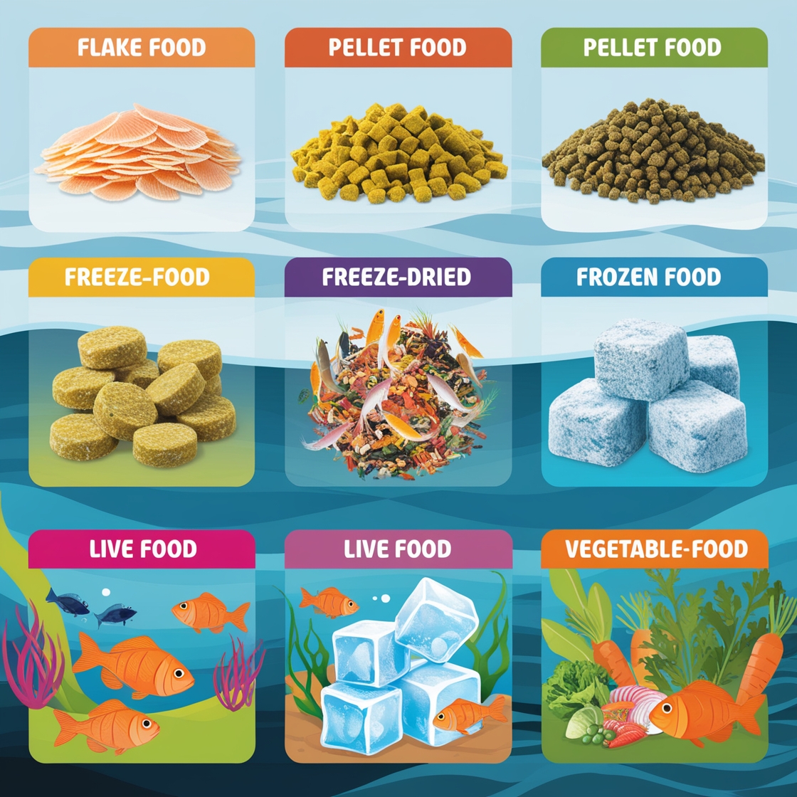Different types of fish food, including flake, pellet, freeze-dried, frozen, live, and vegetable-based options.