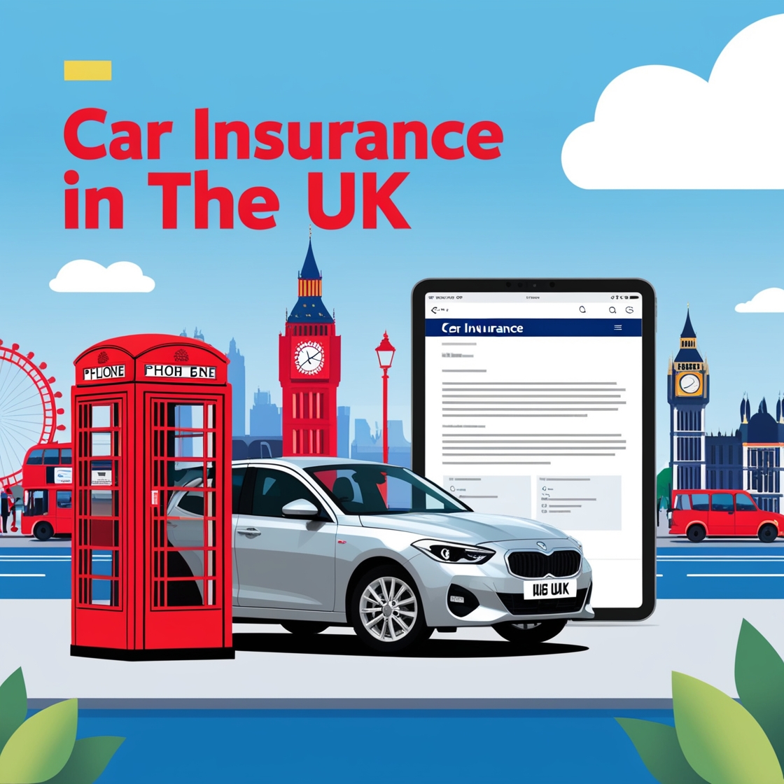 A car parked on a London street with Big Ben in the background and a tablet showing car insurance information.