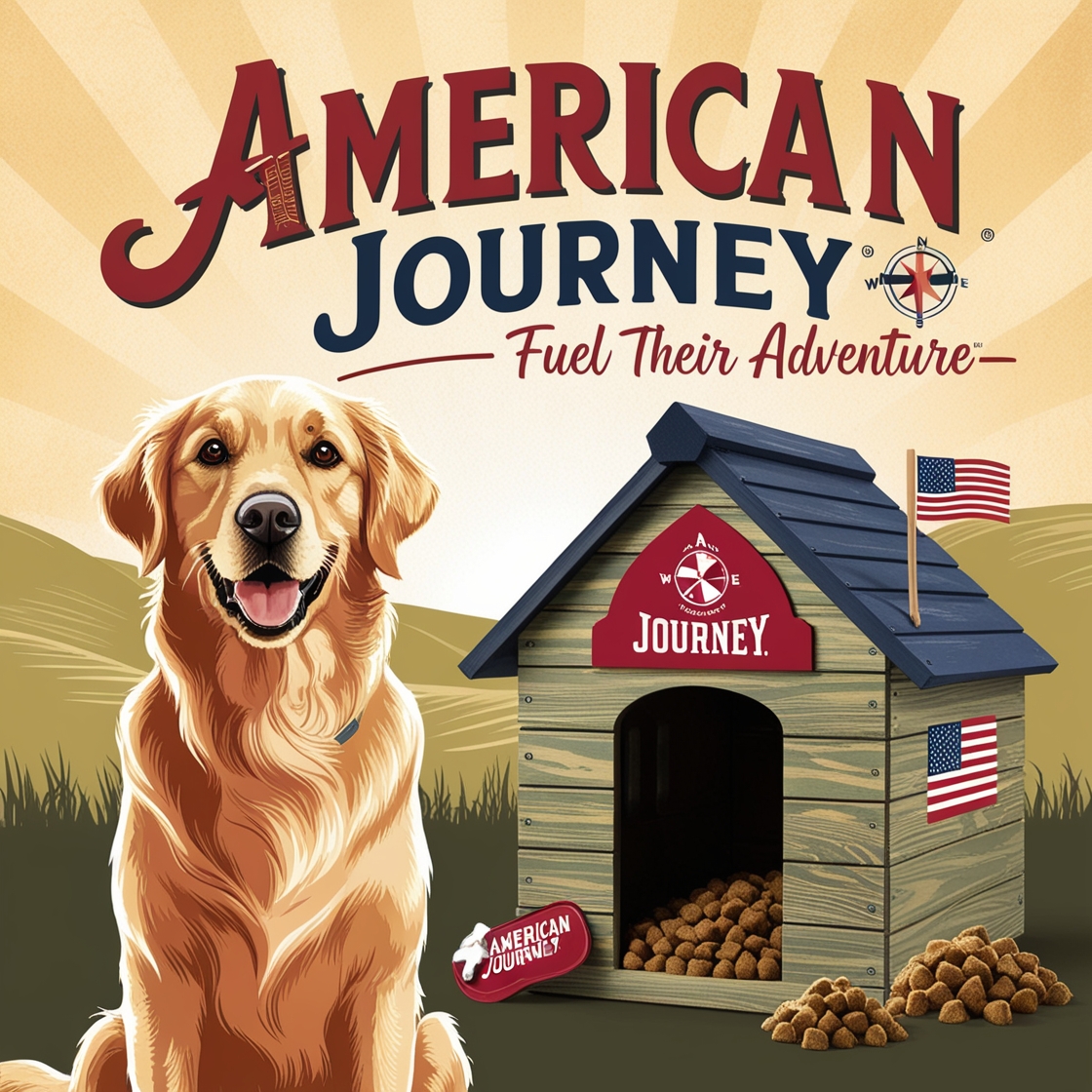 A happy dog enjoying a bowl of American Journey dog food.