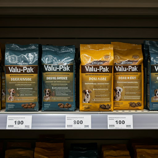 A bag of Valu-Pak dog food on a shelf in a pet supply store.